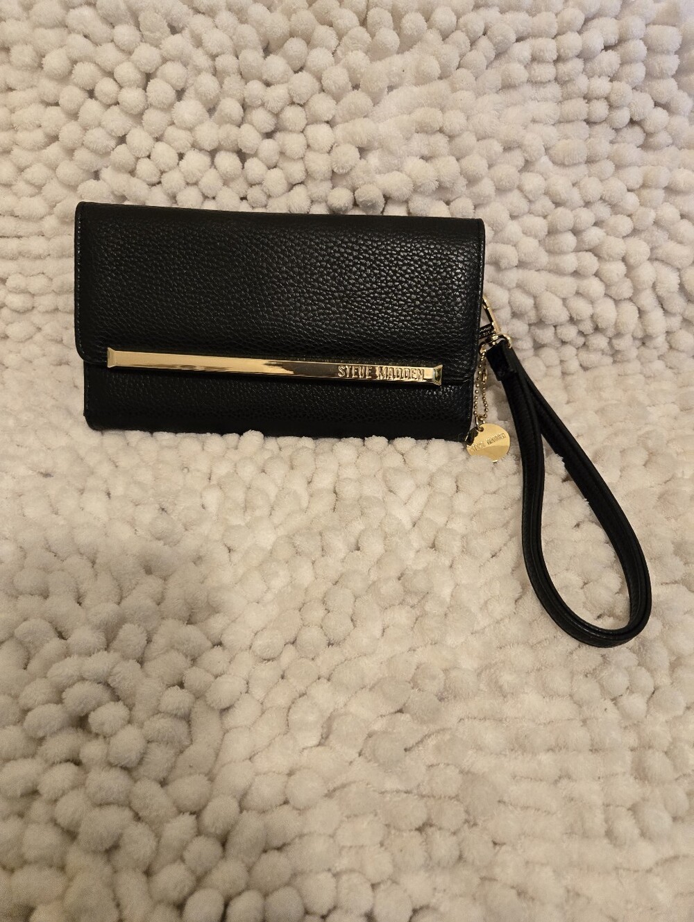 Steve Madden Black Pebbled Leather Wristlet with Gold Trim